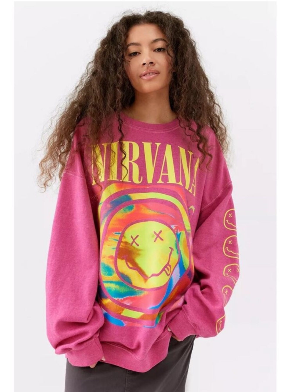 Urban Outfitters X Nirvana Oversized Sweatshirt Smile Face Pink Crewneck L/XL